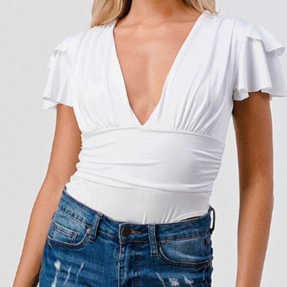 Ruffle cap sleeve deep v-neck solid stretchy elastic bodysuit - Picture 1 of 3